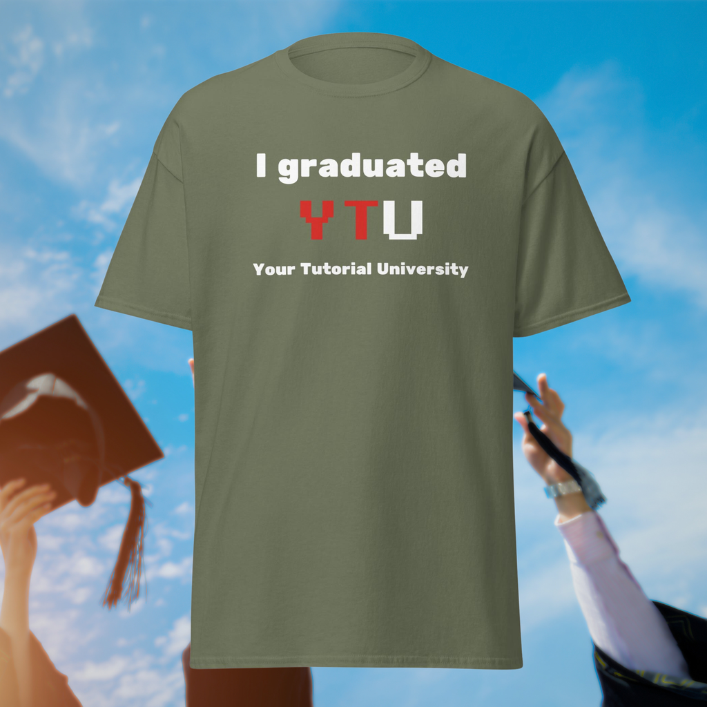 I Graduated YTU T-shirt in military green, front product view against flying graduation caps.