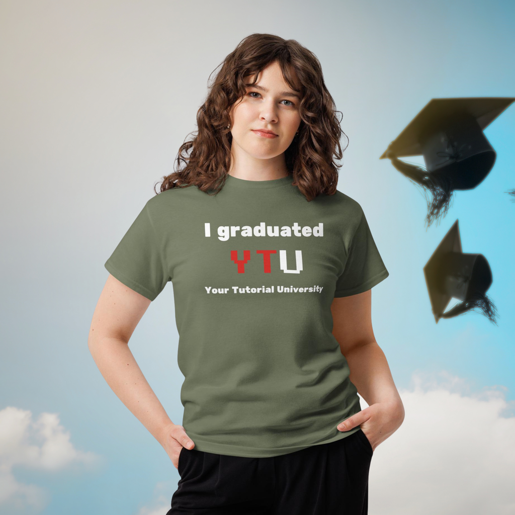 I Graduated YTU T-shirt in military green, worn by a model against a graduation cap backdrop.