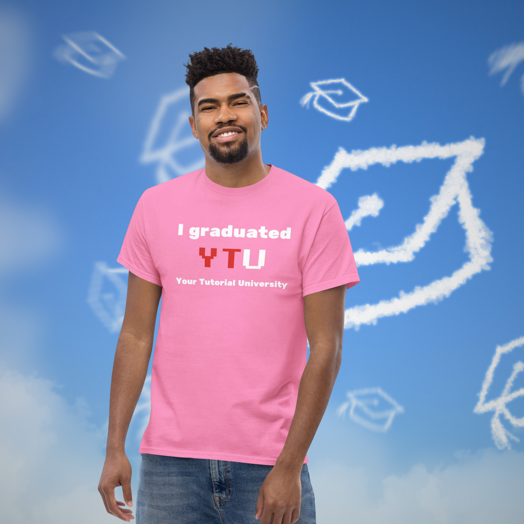 I Graduated YTU T-shirt in pink, worn by a model against illustrated graduation caps.