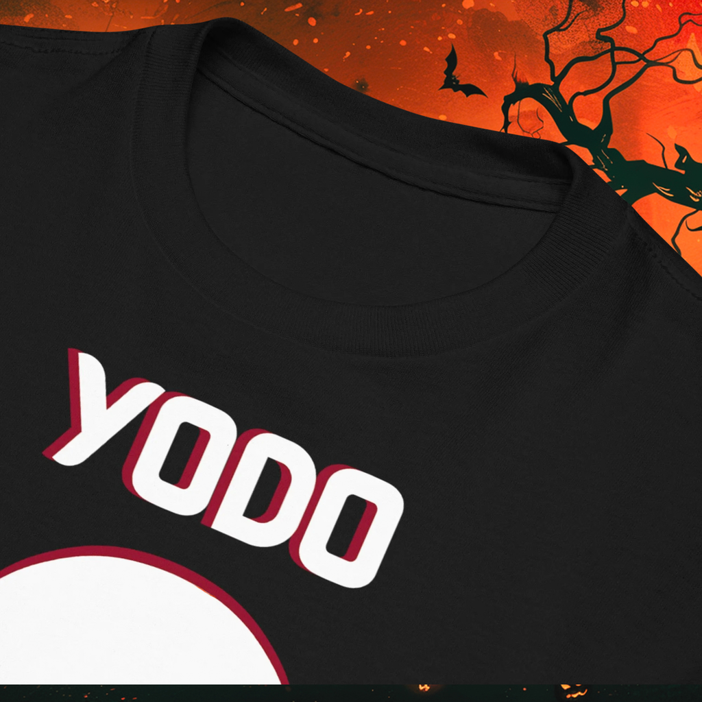 Close-up of the YODO lettering, white skull graphic and black crew neckline.