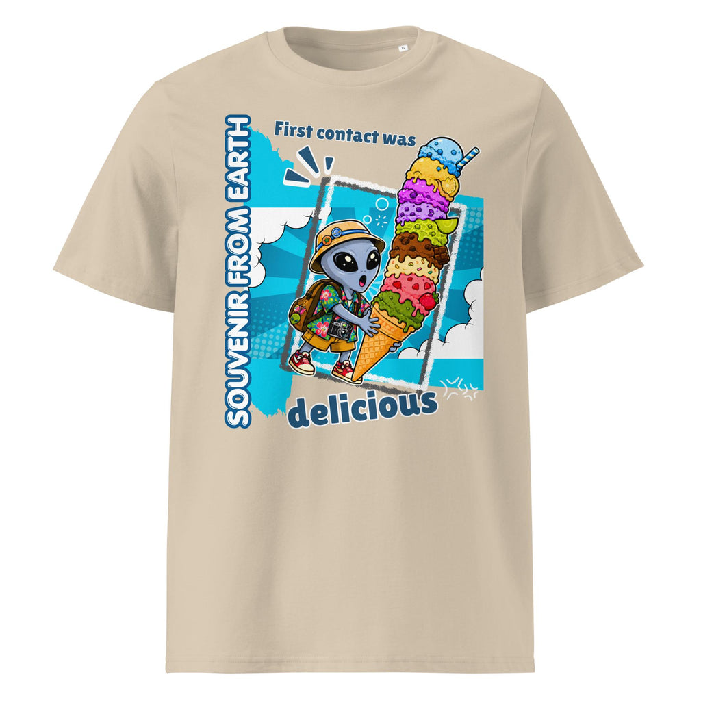 Alien Ice Cream T-shirt in beige, front product view on white.