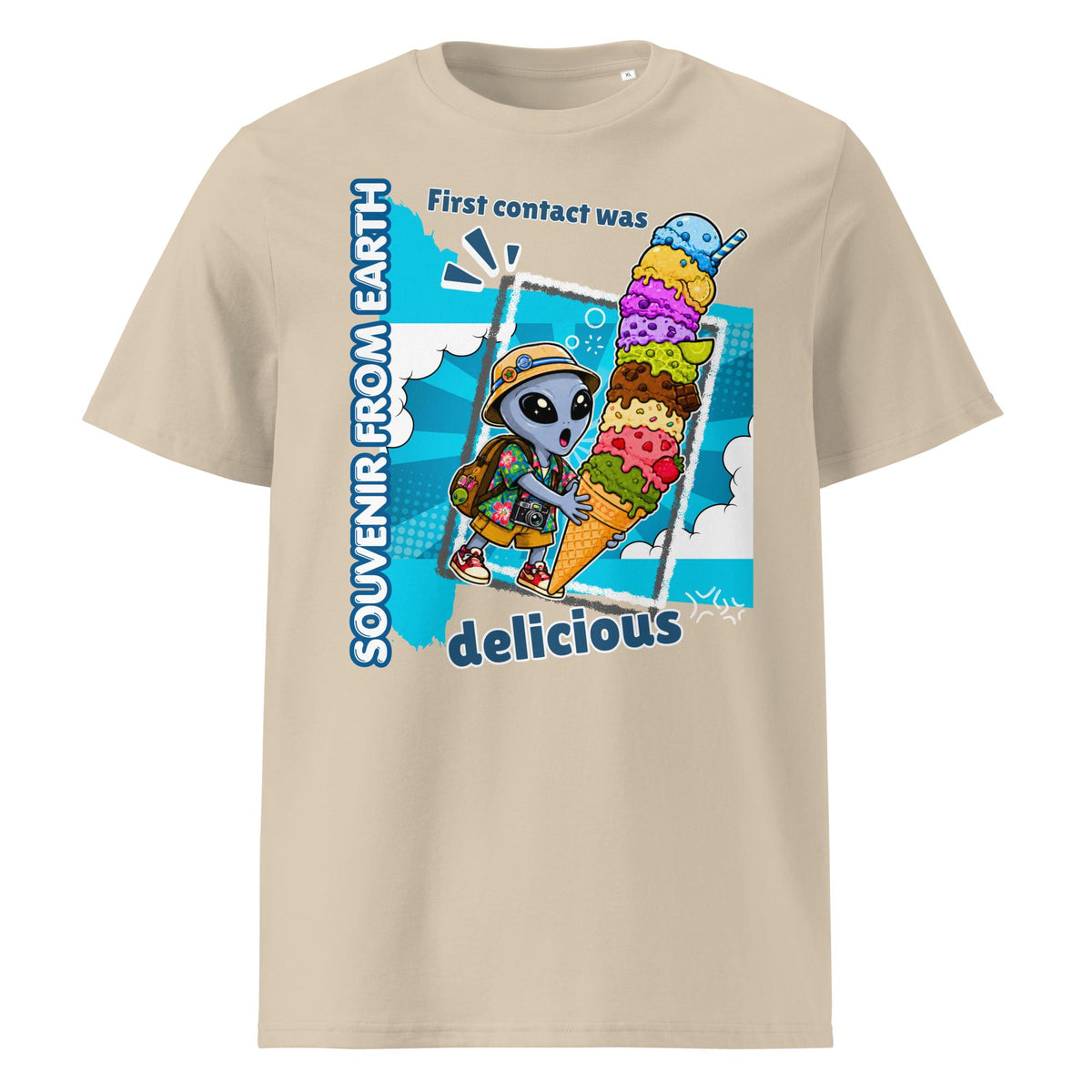 Alien Ice Cream T-shirt in beige, front product view on white.