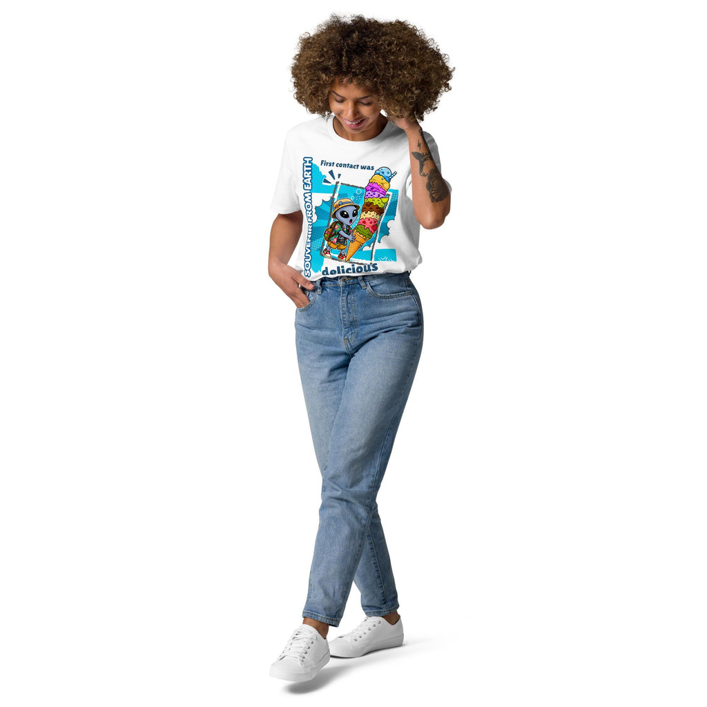 Alien Ice Cream T-shirt in white, full-length view on a model with blue jeans.