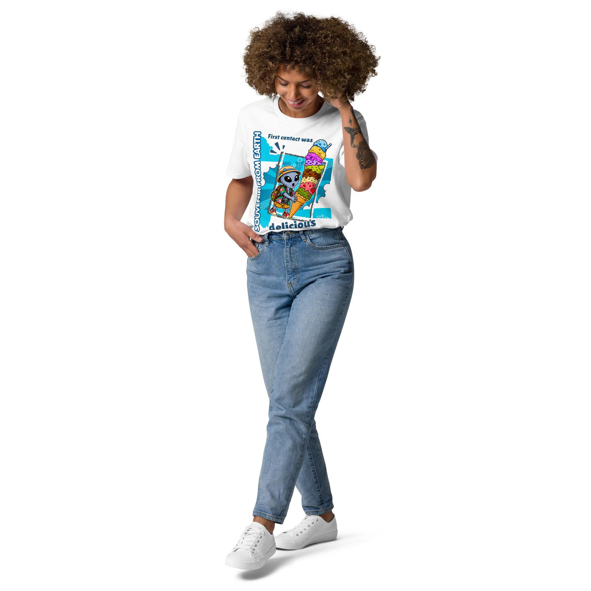 Alien Ice Cream T-shirt in white, full-length view on a model with blue jeans.