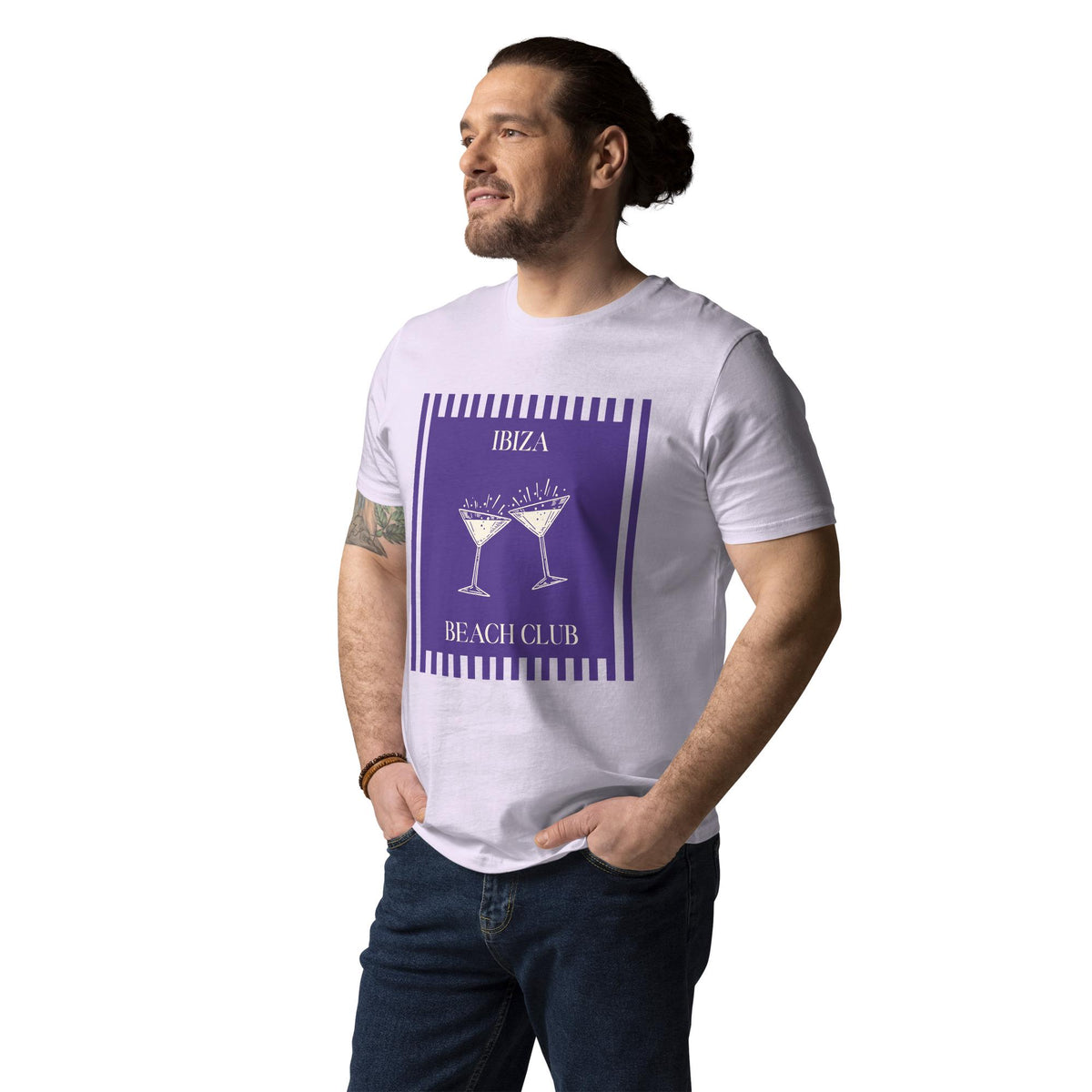 Ibiza Beach Club T-shirt in lavender, worn by a model with jeans, three-quarter view.