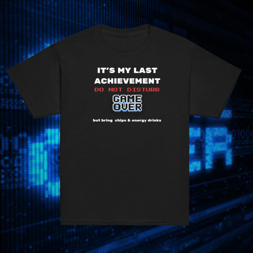 It's My Last Achievement kids' gamer T-shirt in black, front product view showing the retro Game Over graphic.