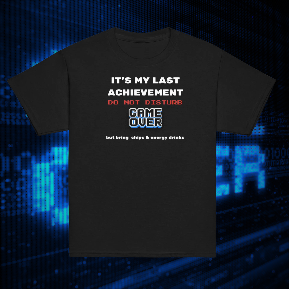 It's My Last Achievement kids' gamer T-shirt in black, front product view showing the retro Game Over graphic.