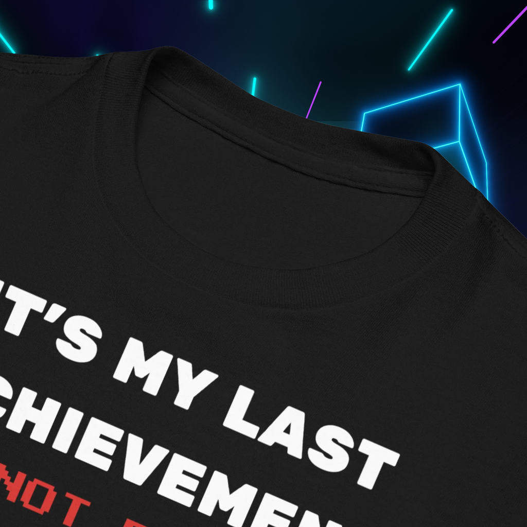 It's My Last Achievement kids' gamer T-shirt in black, close-up of the collar and slogan.