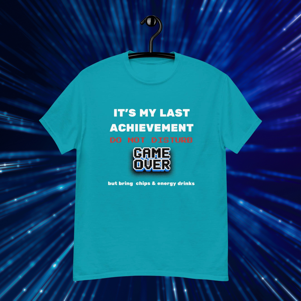 It's My Last Achievement gamer T-shirt in turquoise, hanging front view showing the Game Over graphic.
