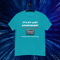 It's My Last Achievement gamer T-shirt in turquoise, hanging front view showing the Game Over graphic.