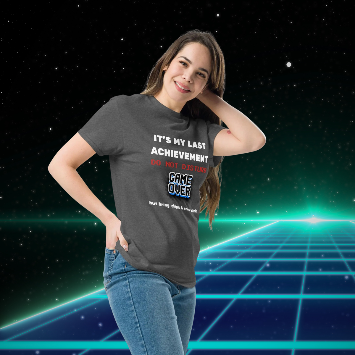It's My Last Achievement gamer T-shirt in dark heather grey, worn by a model against a green neon grid.