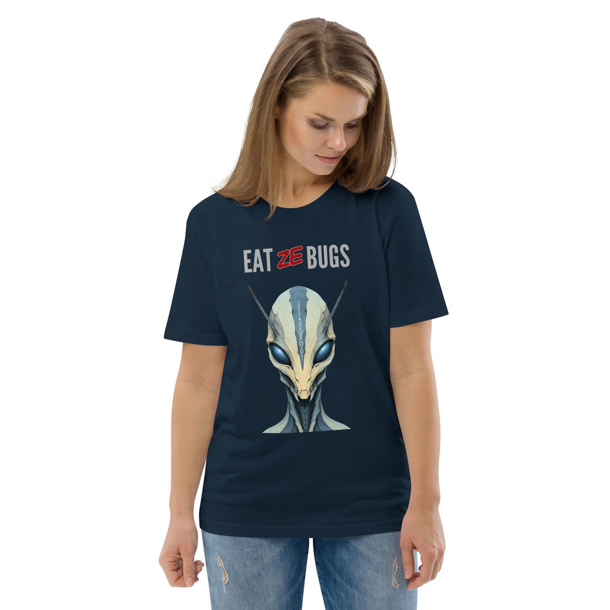 Eat Ze Bugs alien T-shirt in navy, worn by a model looking down at the alien illustration.