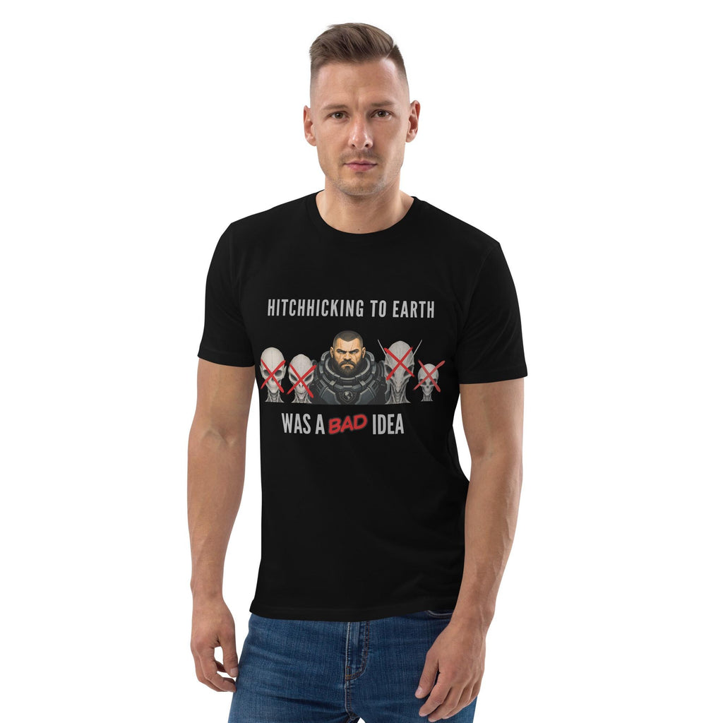 Alien Hitchhiking T-shirt in black, worn by a model on white, three-quarter view.