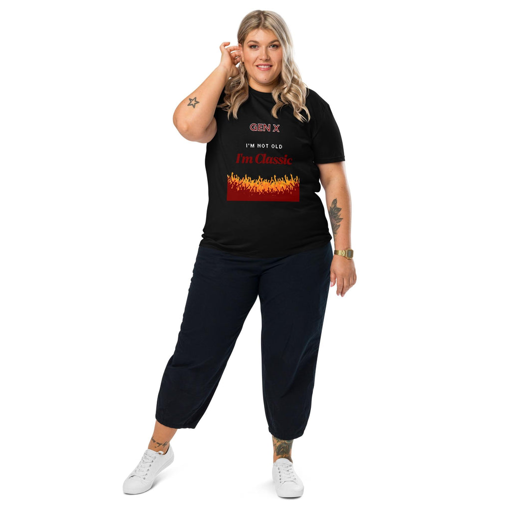 Gen X Orange Flame Classic T-shirt in black, full-length view on a model with black trousers.