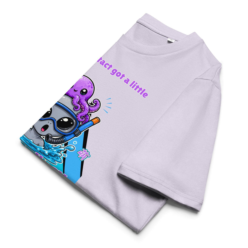 Alien Octopus snorkeling T-shirt in lavender, folded to show the octopus and Souvenir From Earth lettering.
