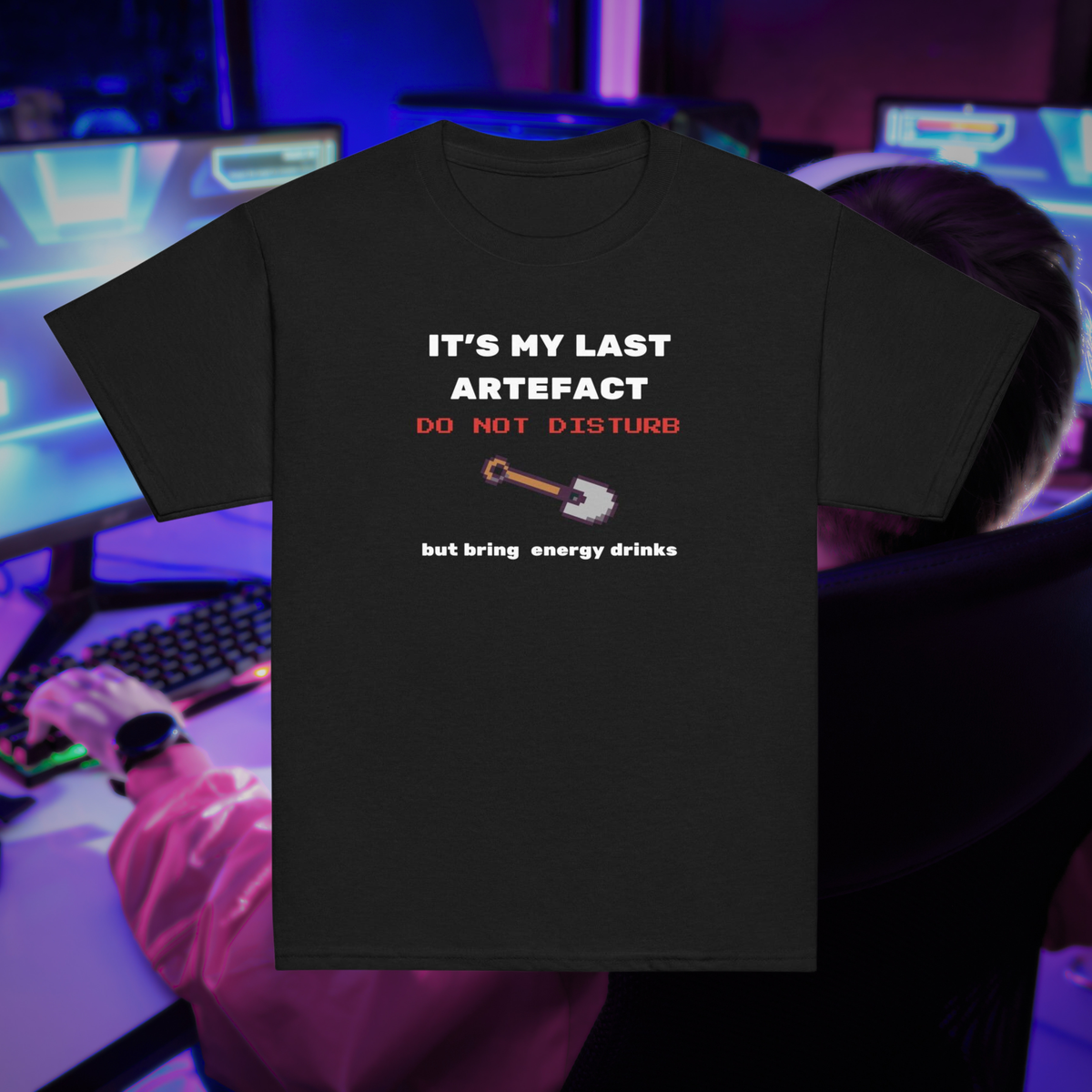 It's My Last Artefact kids' gamer T-shirt in black, front product view with the slogan and pixel-style graphic.