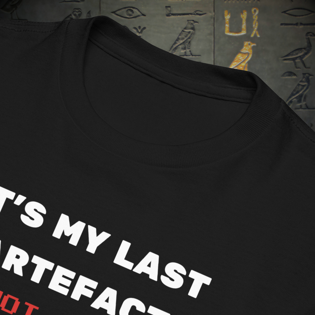 It's My Last Artefact kids' gamer T-shirt in black, close-up of the collar and slogan.