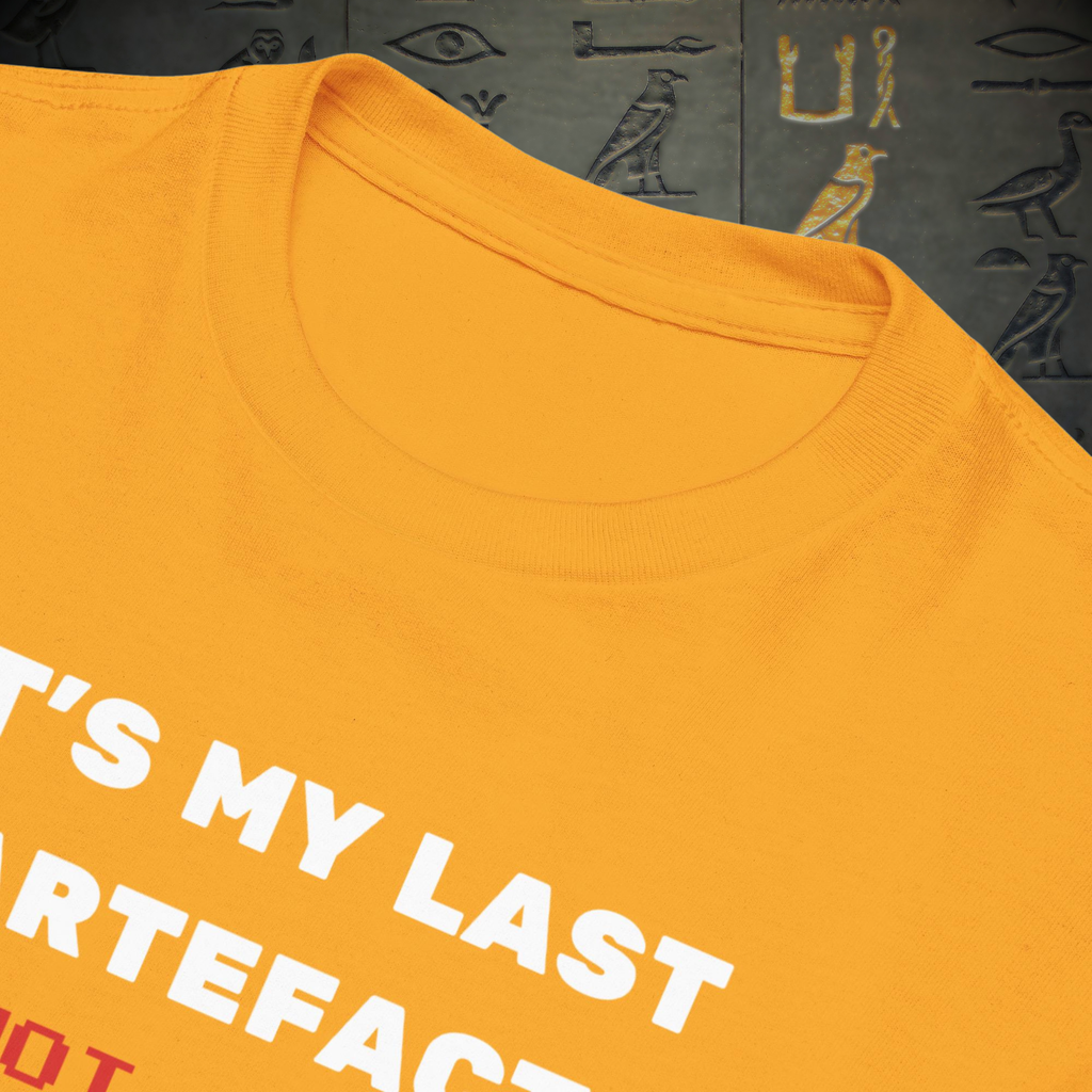 It's My Last Artefact kids' gamer T-shirt in gold, close-up of the collar and slogan.