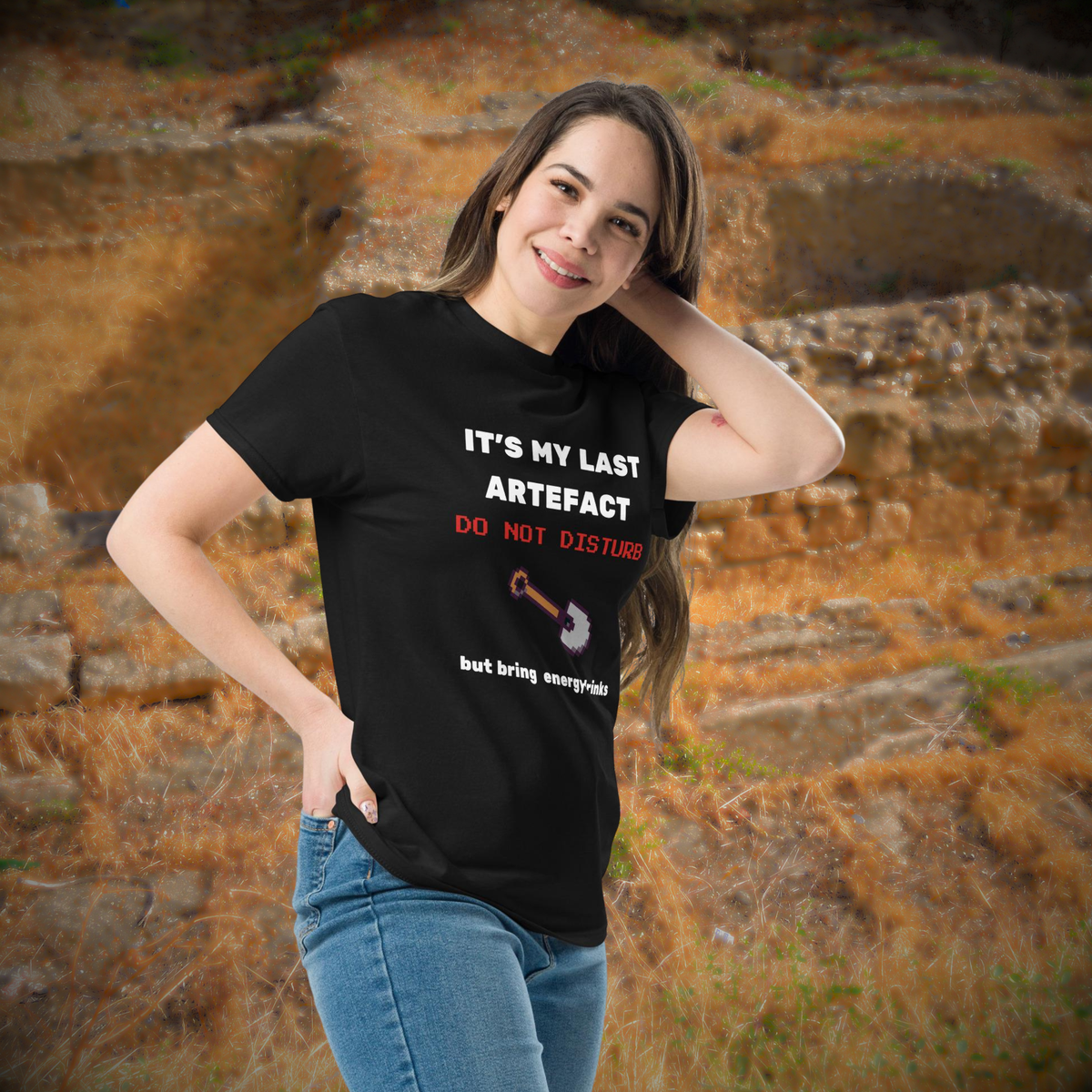 It's My Last Artefact gamer T-shirt in black, worn by a model beside weathered stone steps.