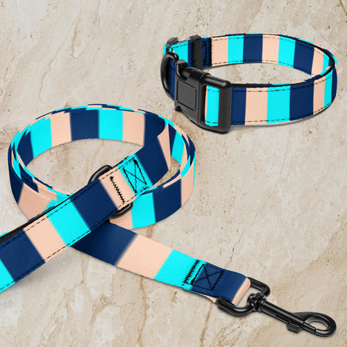 Blue Stripe dog collar and leash set with navy, turquoise and sand stripes, black buckle and metal leash clip.