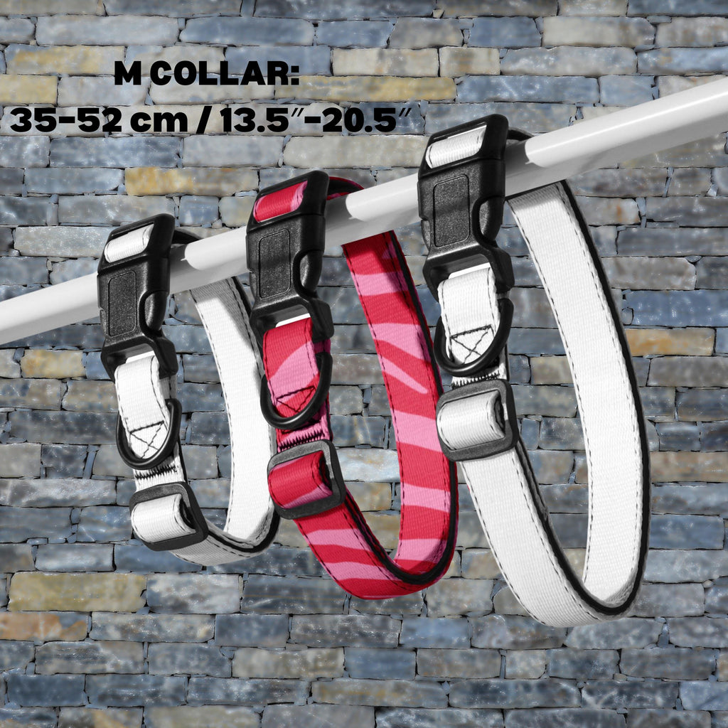 Pink Zebra padded dog collar M size diagram showing a 35–52 cm adjustment range and padded interior.