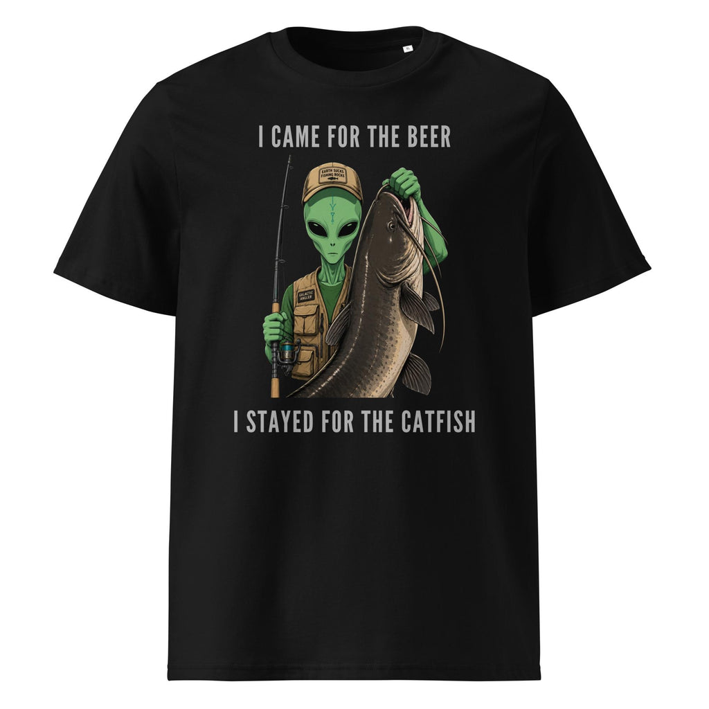 Alien Catfish fishing T-shirt in black, front product view on white.