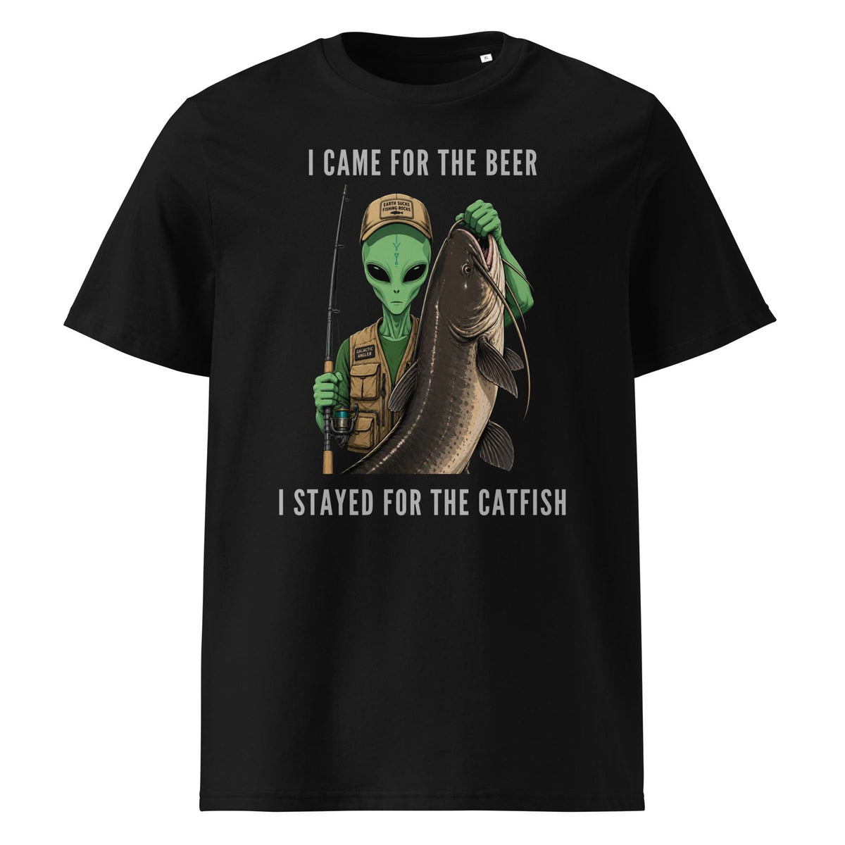 Alien Catfish fishing T-shirt in black, front product view on white.