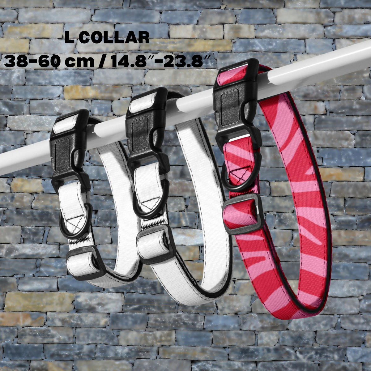 Pink Zebra padded dog collar L size diagram showing a 38–60 cm adjustment range and padded interior.