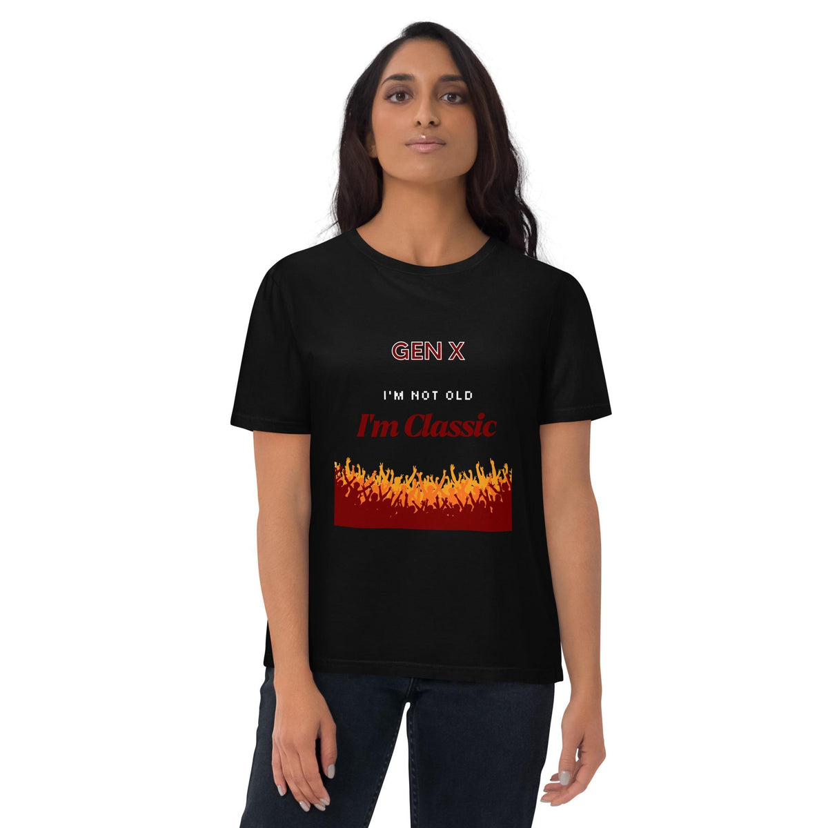 Gen X Orange Flame Classic T-shirt in black, worn by a model on white, front view.