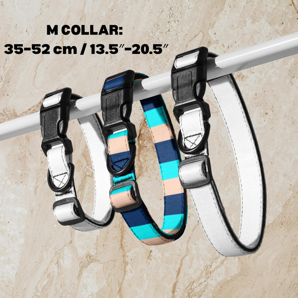Blue Stripe padded dog collar M size diagram showing a 35–52 cm adjustment range and padded interior.