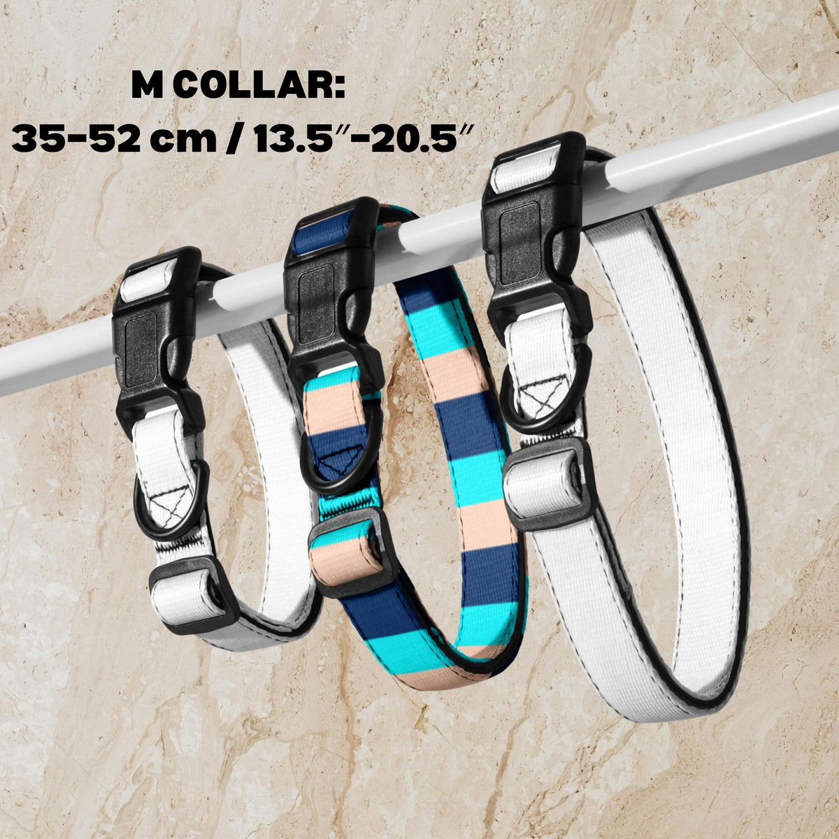 Blue Stripe padded dog collar M size diagram showing a 35–52 cm adjustment range and padded interior.