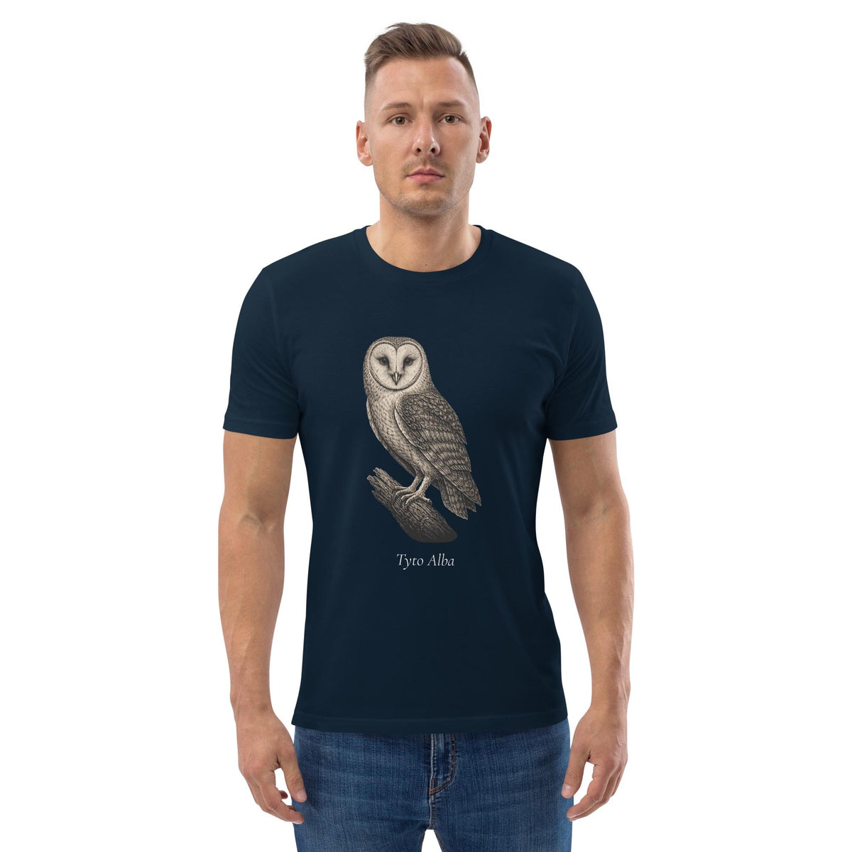 Vintage Barn Owl T-shirt in navy, worn by a model with hands in pockets, front view.