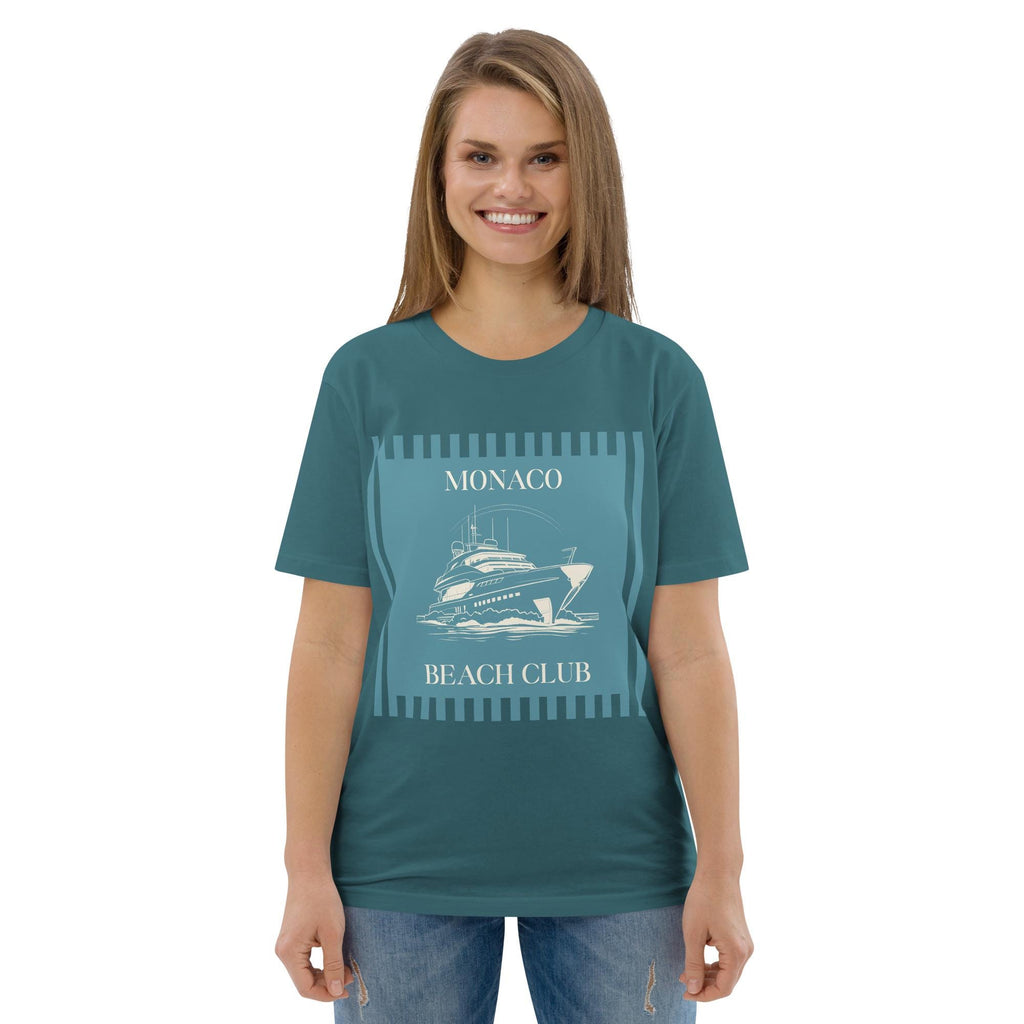 Monaco Beach Club T-shirt in teal, worn by a model with blue jeans, front view.