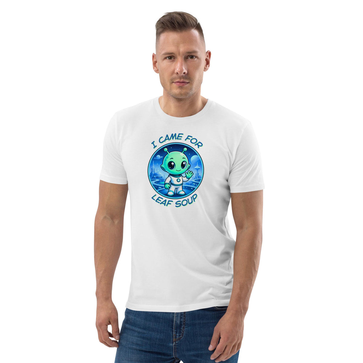 Alien Leaf Soup T-shirt in white, worn by a model with hands in pockets, front view.