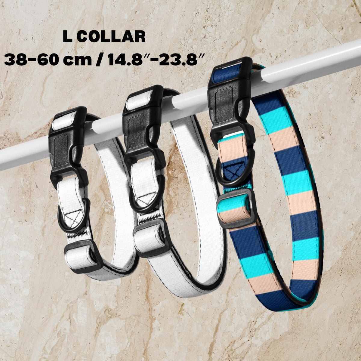Blue Stripe padded dog collar L size diagram showing a 38–60 cm adjustment range and padded interior.