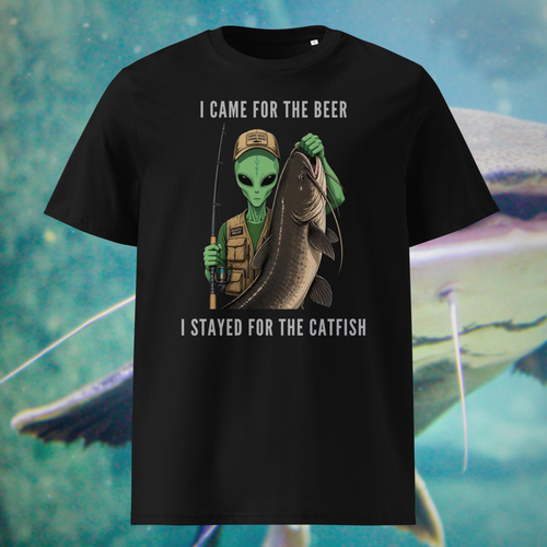 Alien Catfish fishing T-shirt in black, front product view showing the alien holding a catfish.