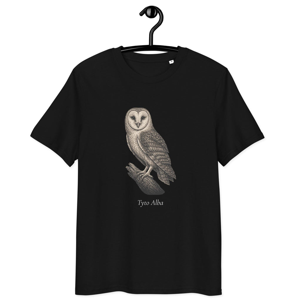 Vintage Barn Owl T-shirt in black, hanging front view on a white background.