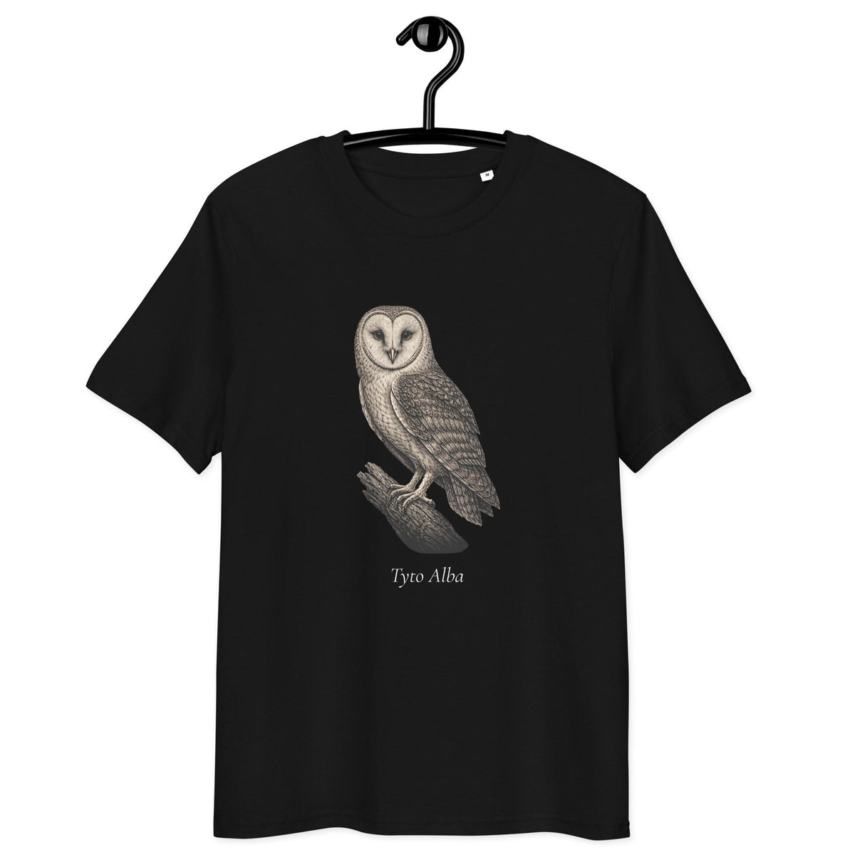 Vintage Barn Owl T-shirt in black, hanging front view on a white background.