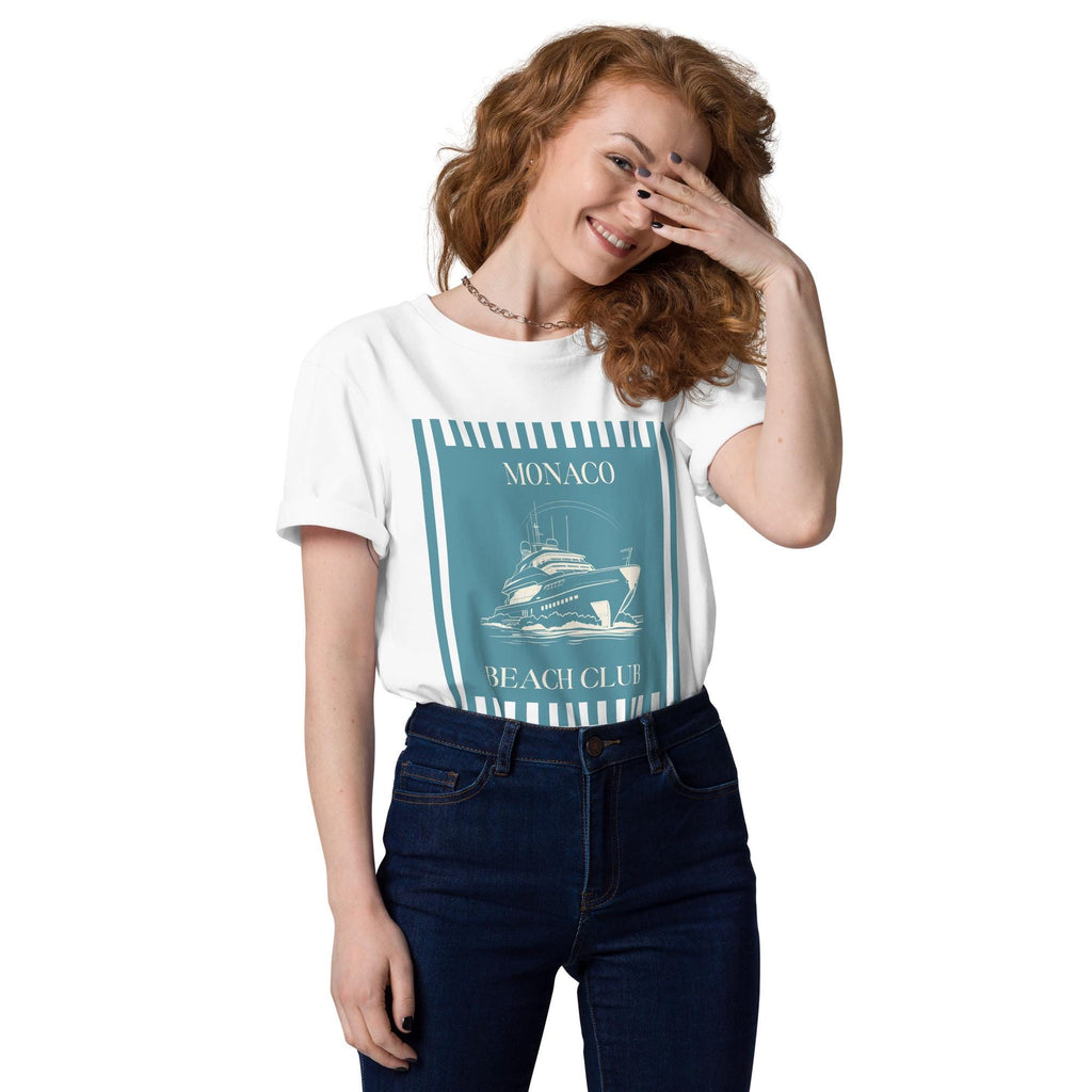 Monaco Beach Club T-shirt in white, worn by a model with one hand raised to the face.