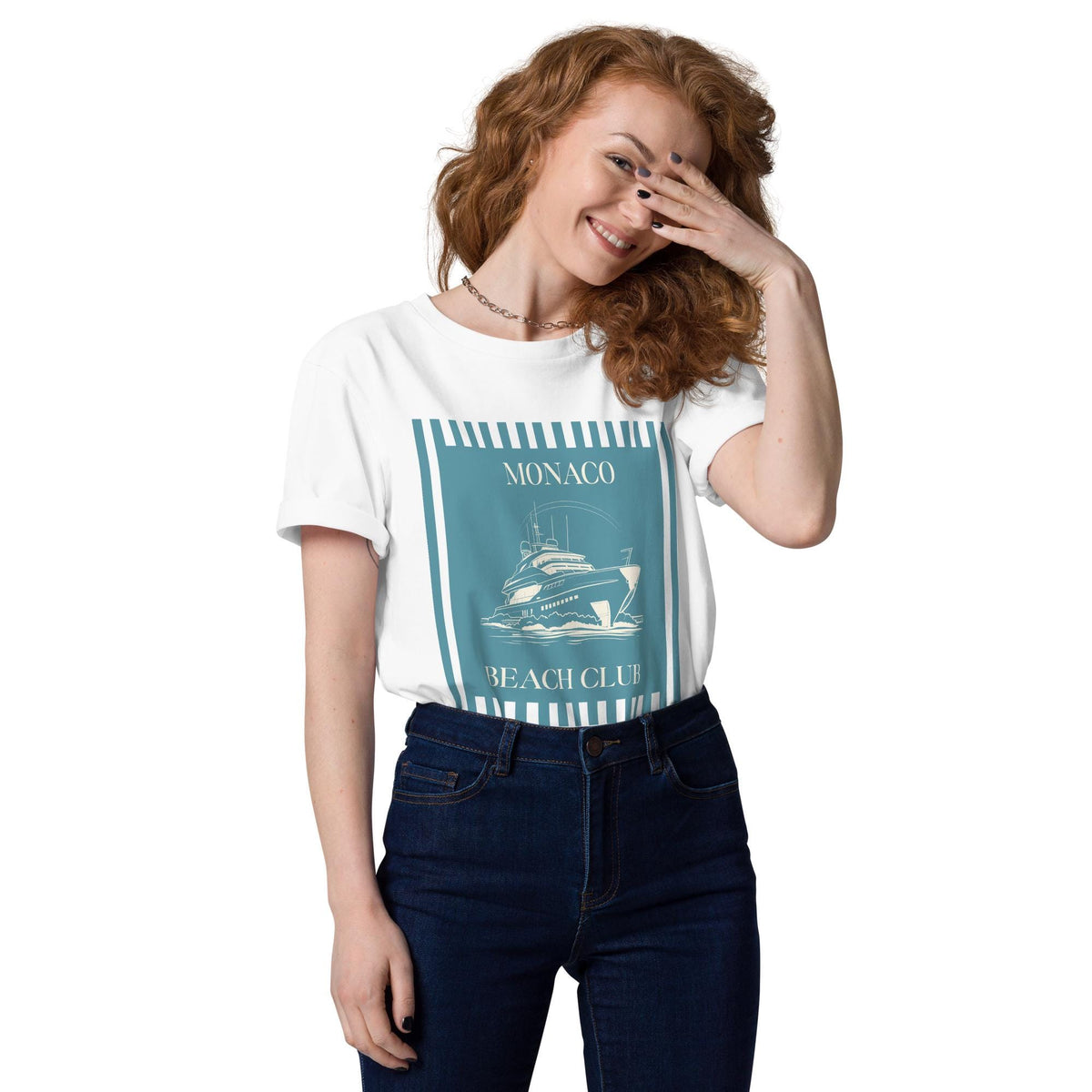 Monaco Beach Club T-shirt in white, worn by a model with one hand raised to the face.