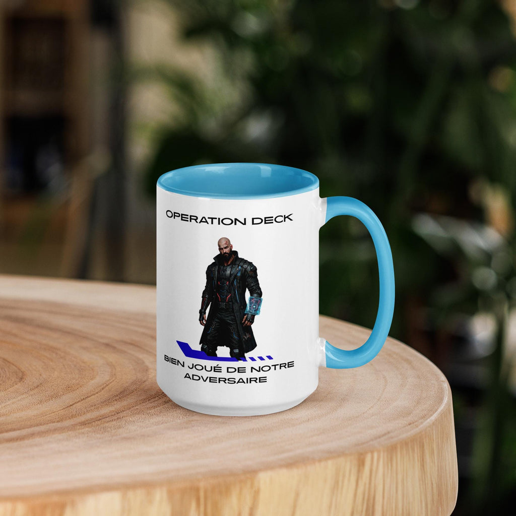 Operation Deck Bien Joué mug character and quote side on a round wooden table.