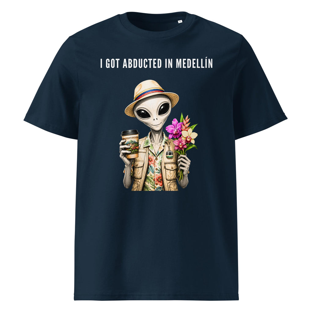 I Got Abducted in Medellin alien T-shirt in navy, front product view on white.