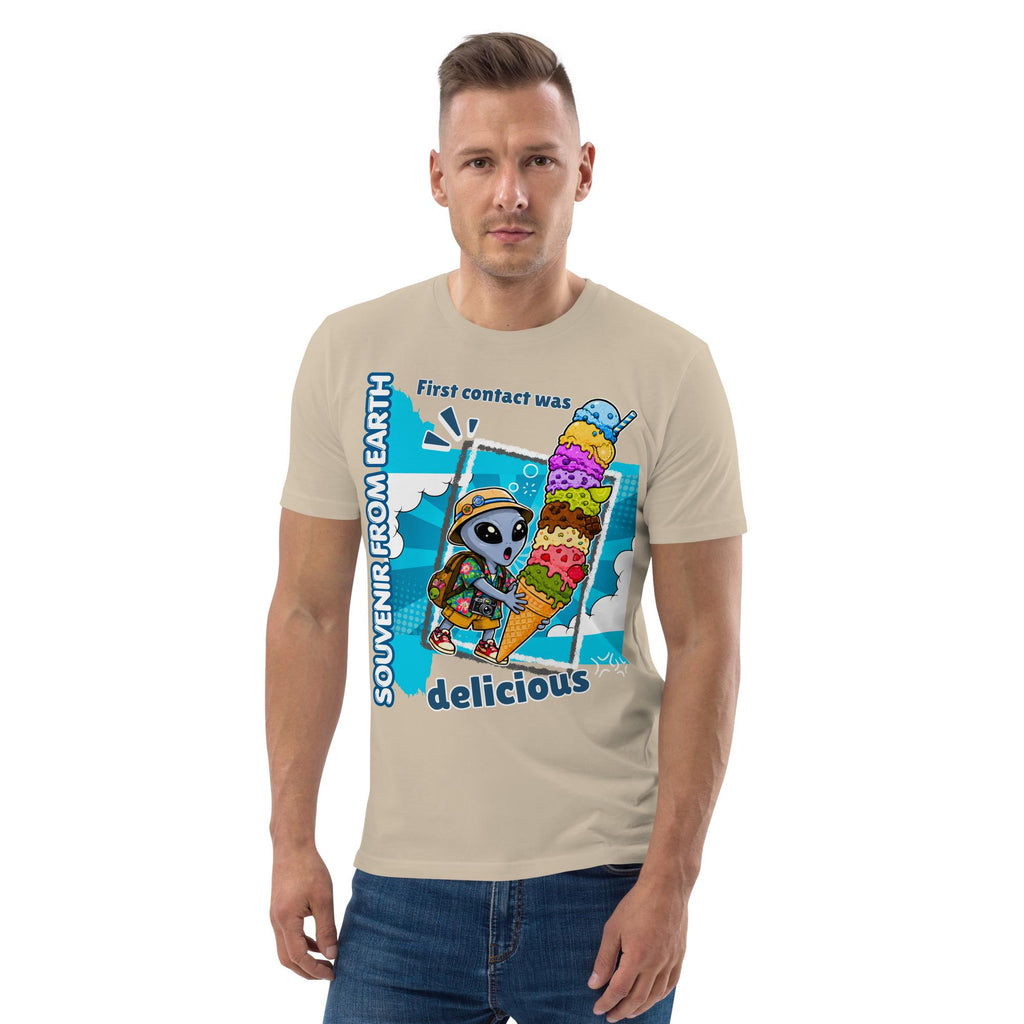 Alien Ice Cream T-shirt in beige, worn by a model with hands in pockets, front view.