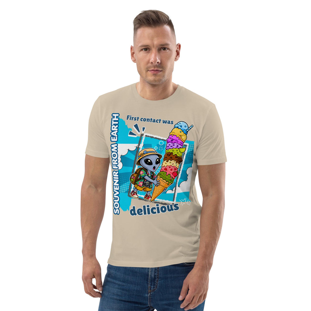Alien Ice Cream T-shirt in beige, worn by a model with hands in pockets, front view.