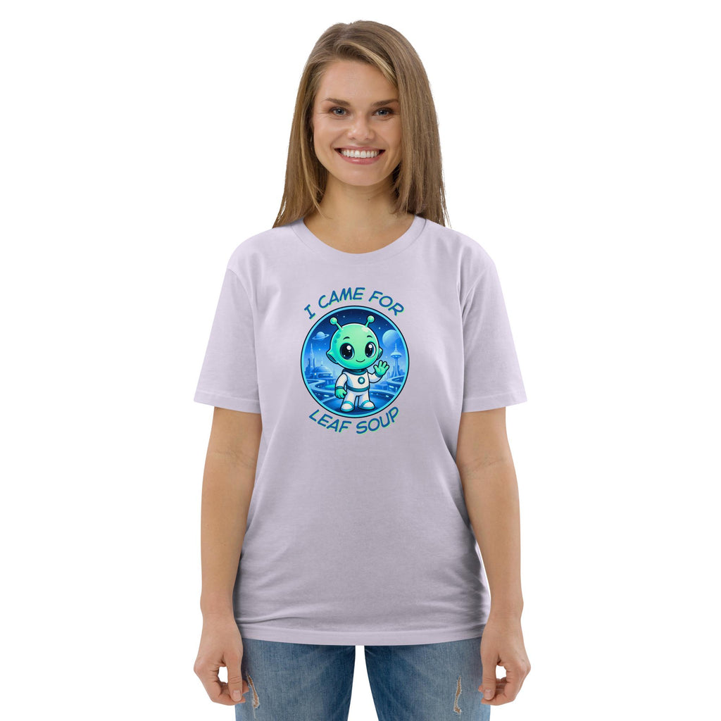 Alien Leaf Soup T-shirt in lavender, worn by a model with blue jeans, front view.