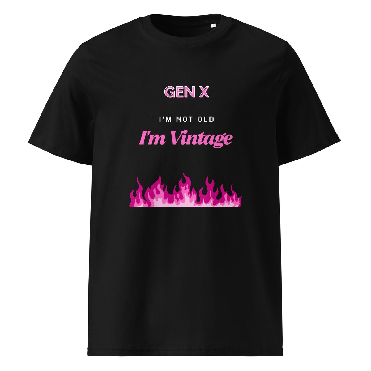 Gen X Pink Flame Vintage T-shirt in black, front product view on white.