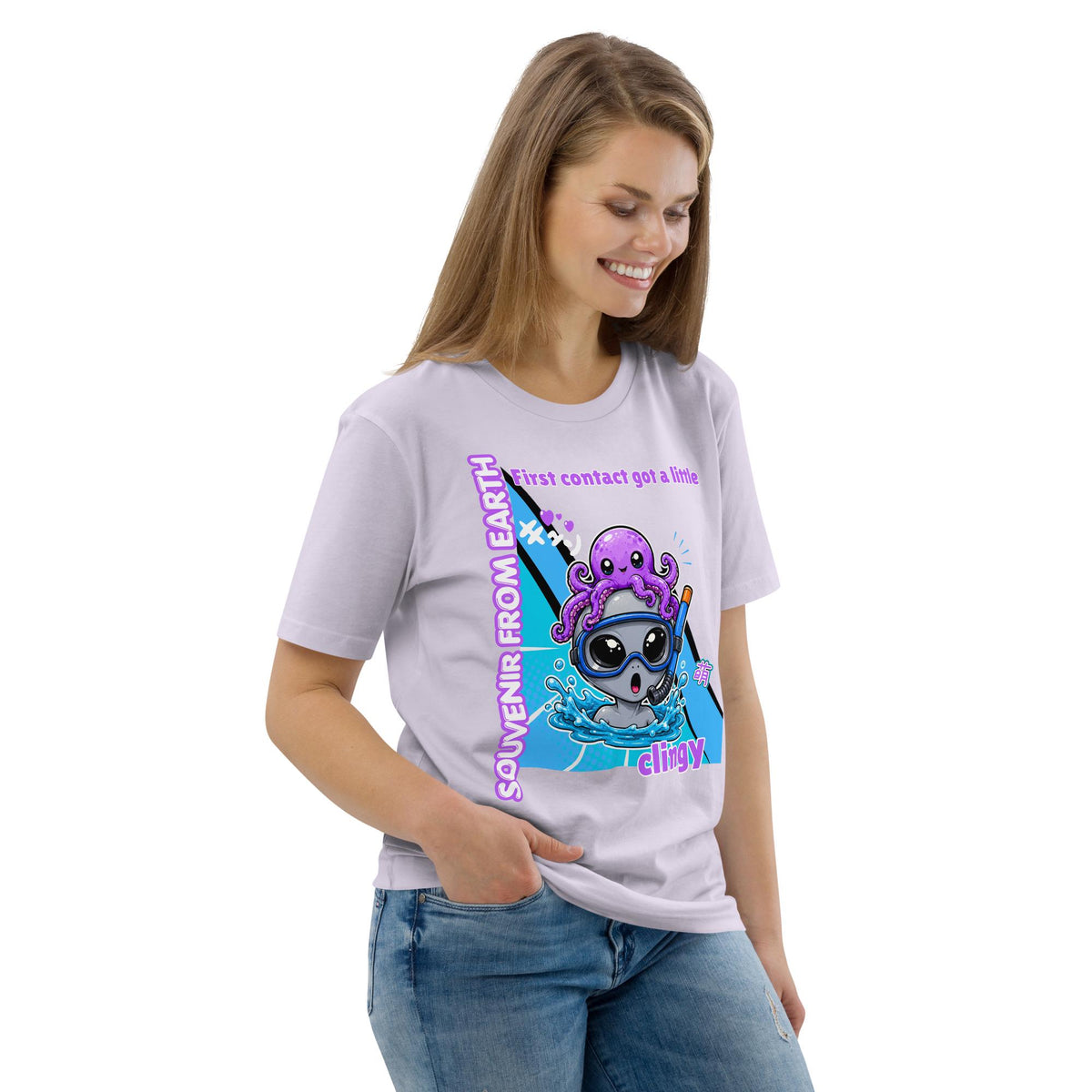 Alien Octopus snorkeling T-shirt in lavender, worn by a model looking down at the graphic.