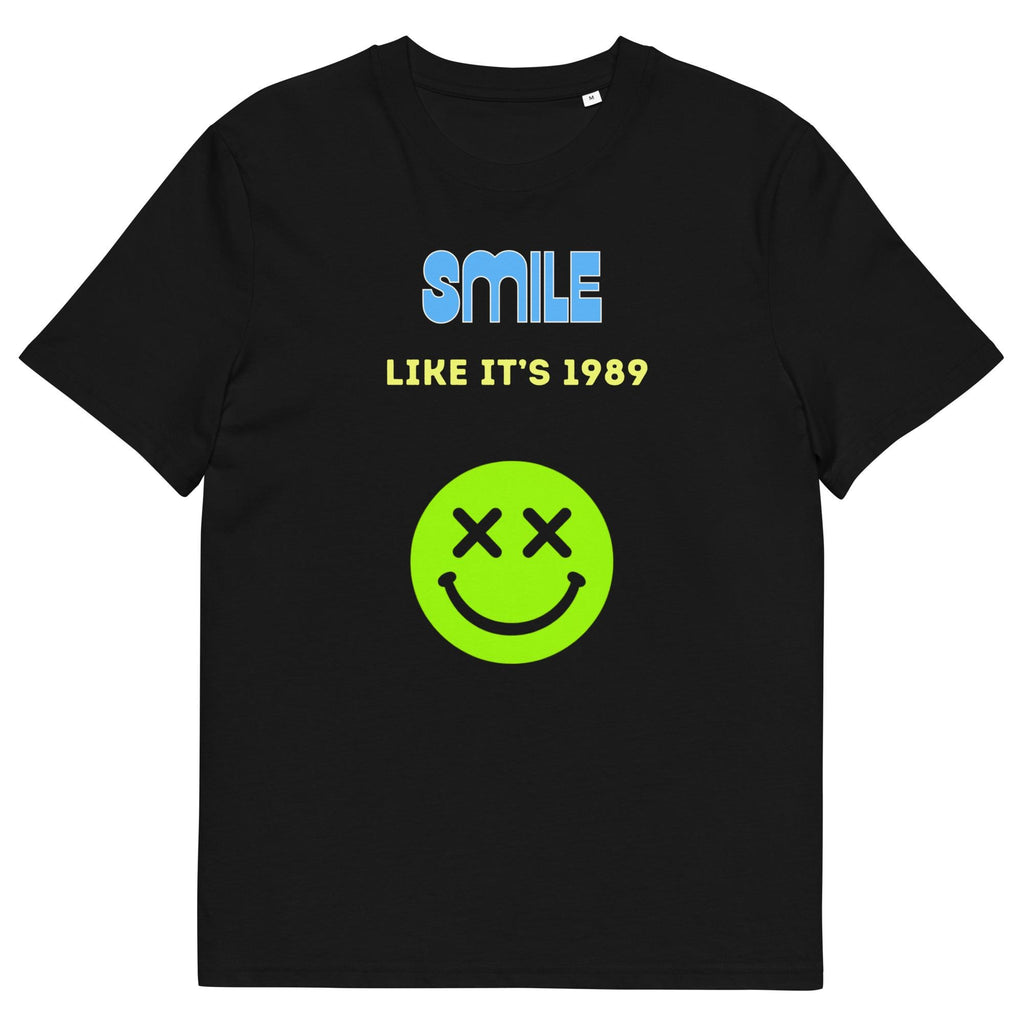 Smile Like It's 1989 rave T-shirt in black, flat front view on white showing the crossed-eye green smiley.