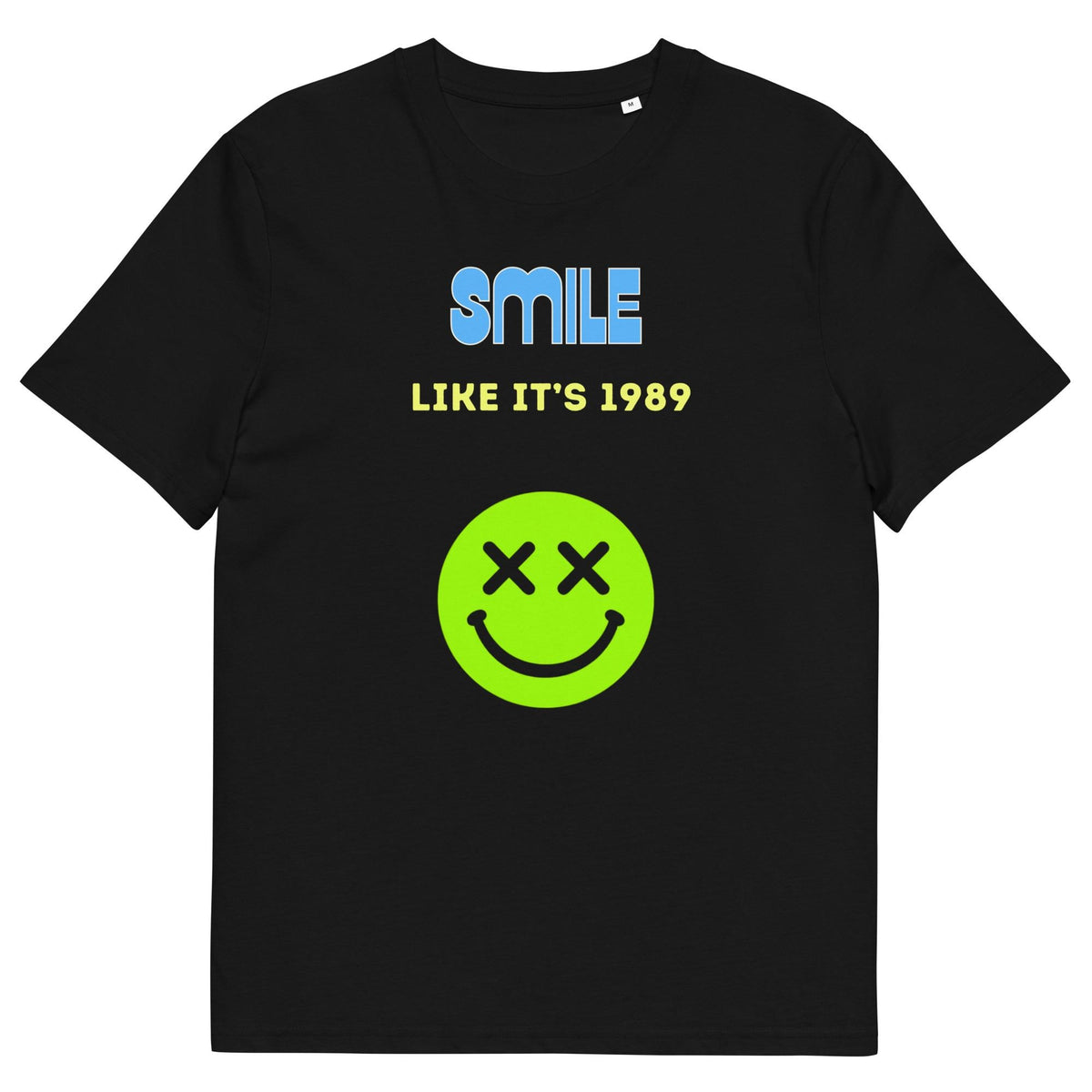 Smile Like It's 1989 rave T-shirt in black, flat front view on white showing the crossed-eye green smiley.
