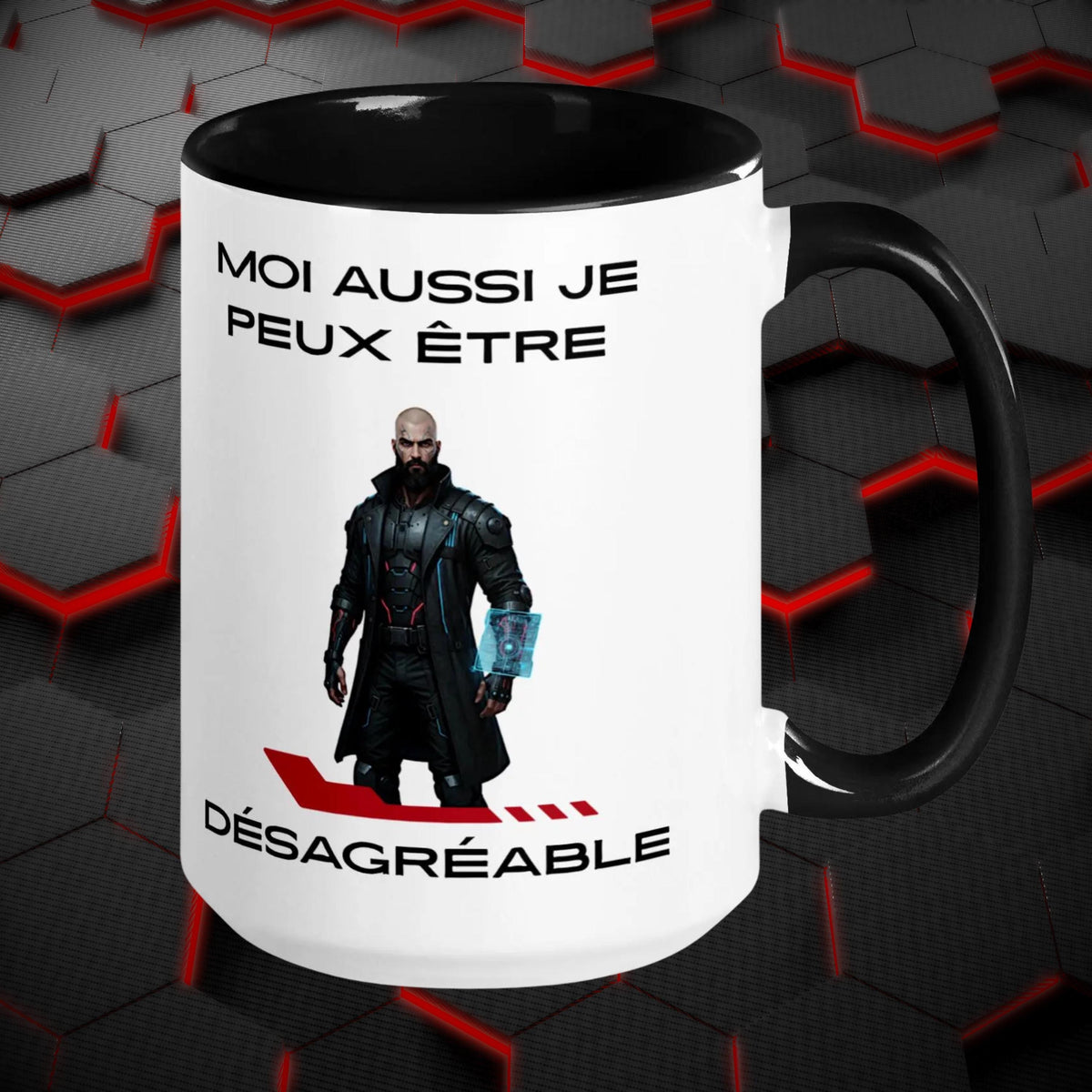 Operation Deck Désagréable mug character and French quote side against red and grey hexagons.